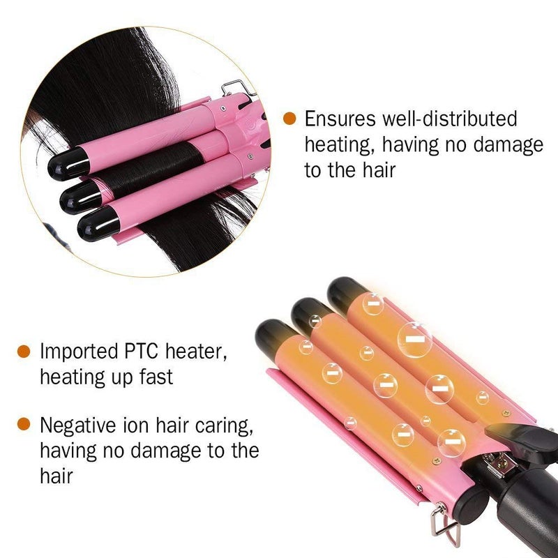 MODVICA 3 Barrel Curling Iron Wand 26mm Hair Waver Temperature Adjustable Ceramic Hair Curling Iron (Pink) - Image 3